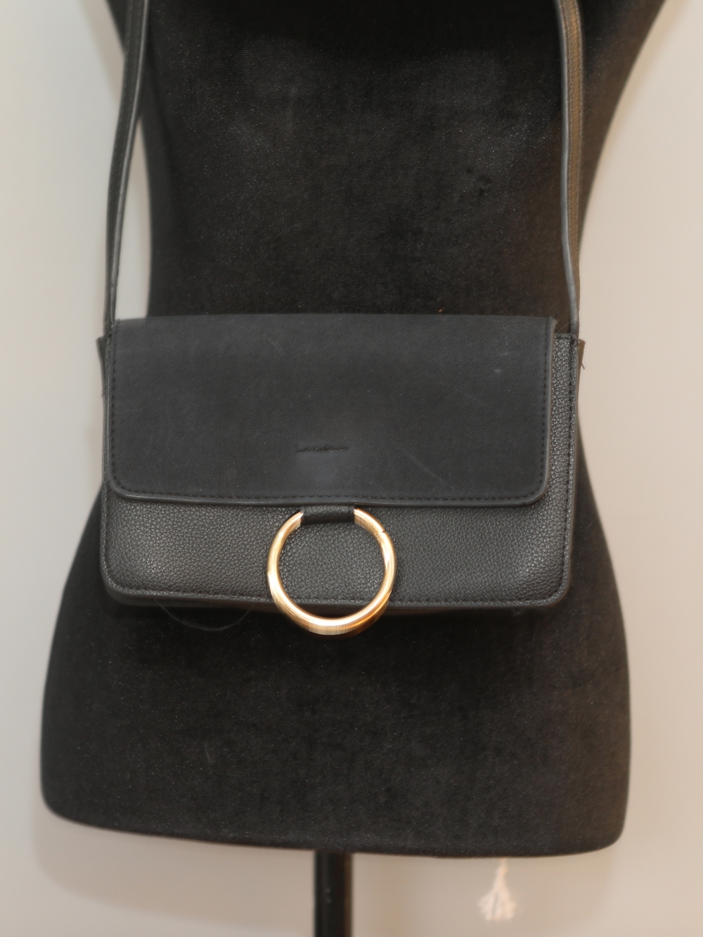Black Crossbody Bag with Gold Ring Accent
